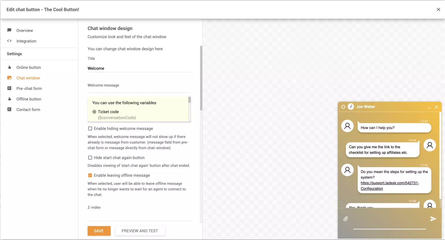 Настройка окна чата