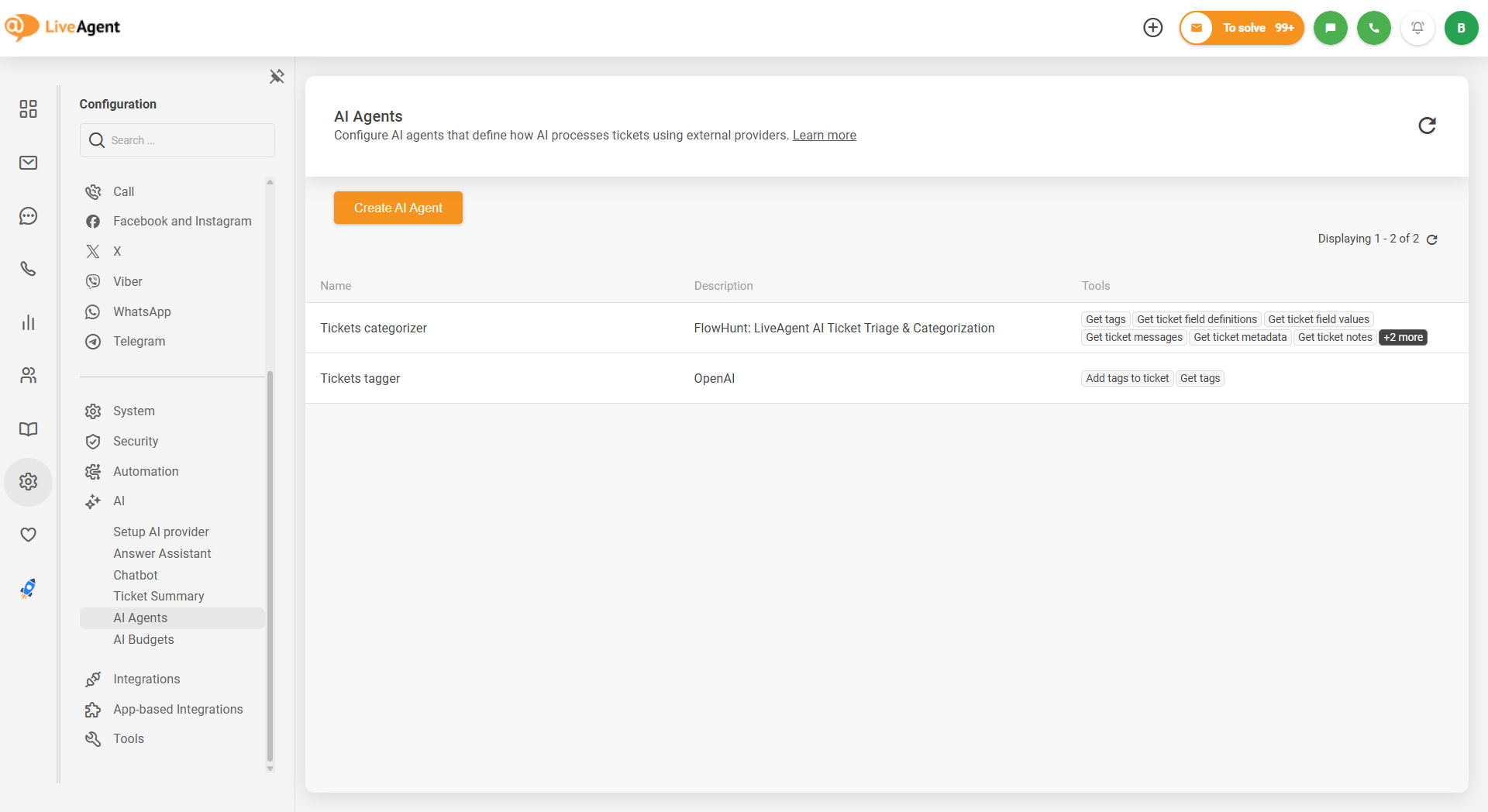 LiveAgent AI Agents configuration screen listing tickets categorizer and tickets tagger agents