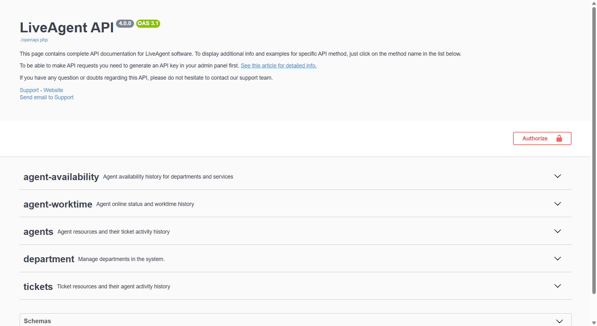 LiveAgent API v4 documentation overview with available endpoints