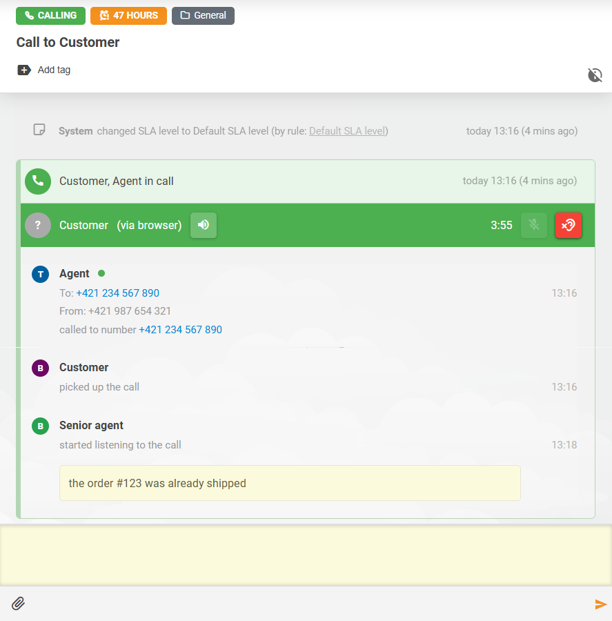 LiveAgent Call Listening feature with note interaction between agents