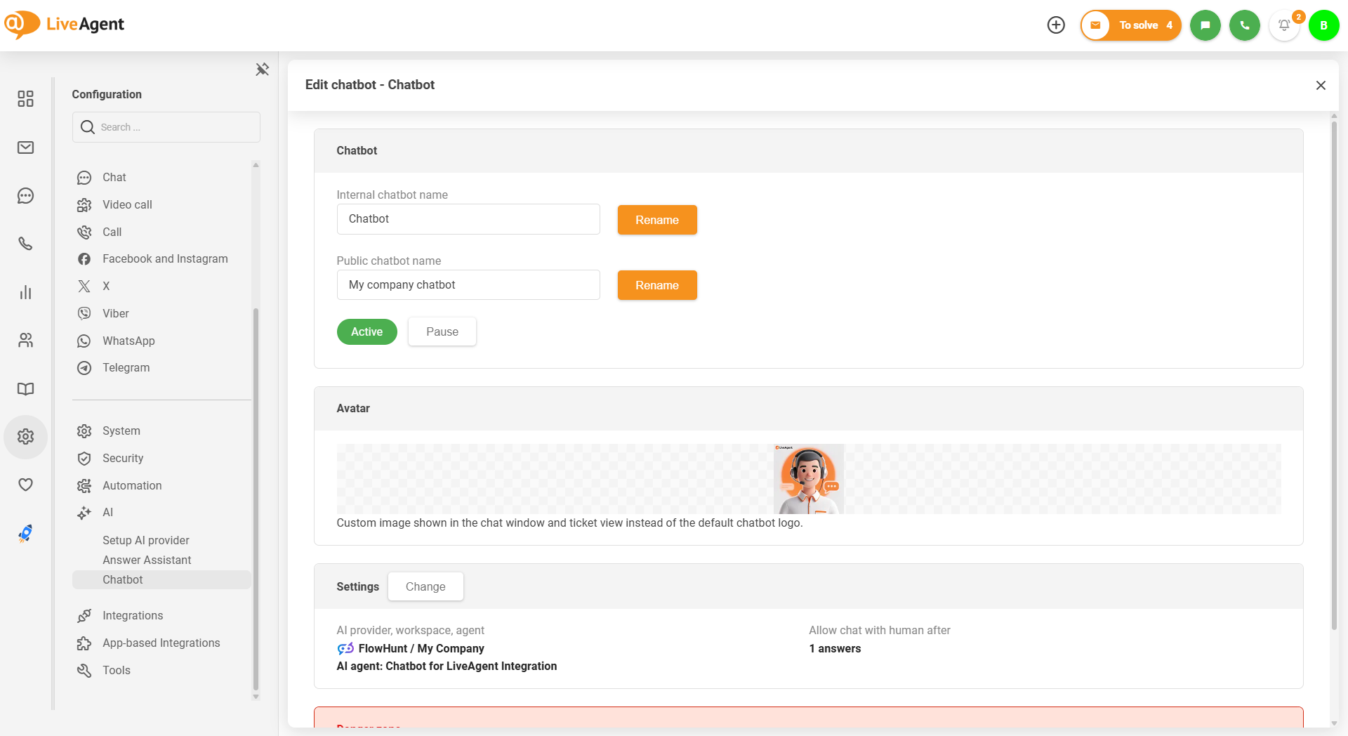 LiveAgent AI chatbot with custom avatar image upload
