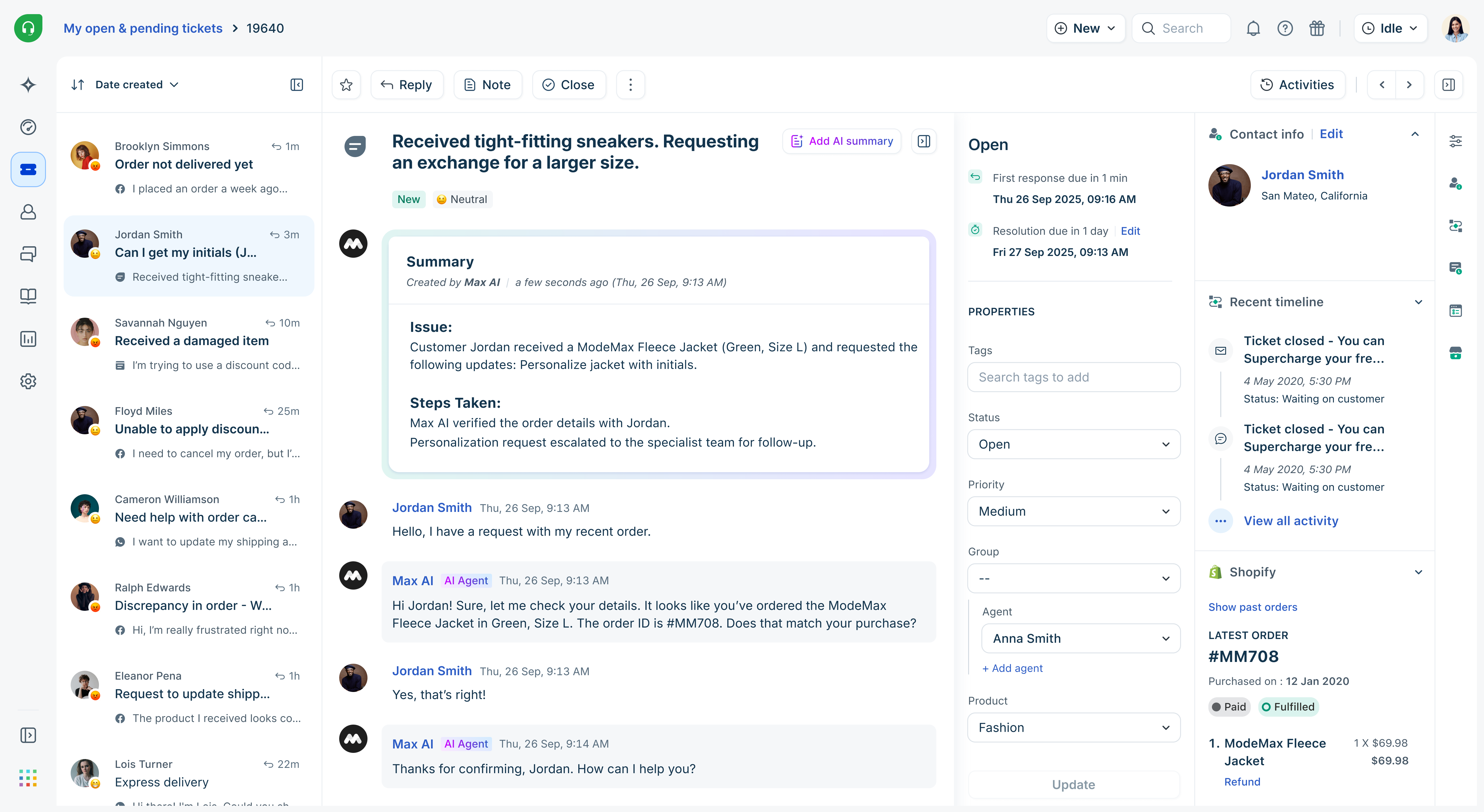 Freshdesk ticket list view with priority and status columns