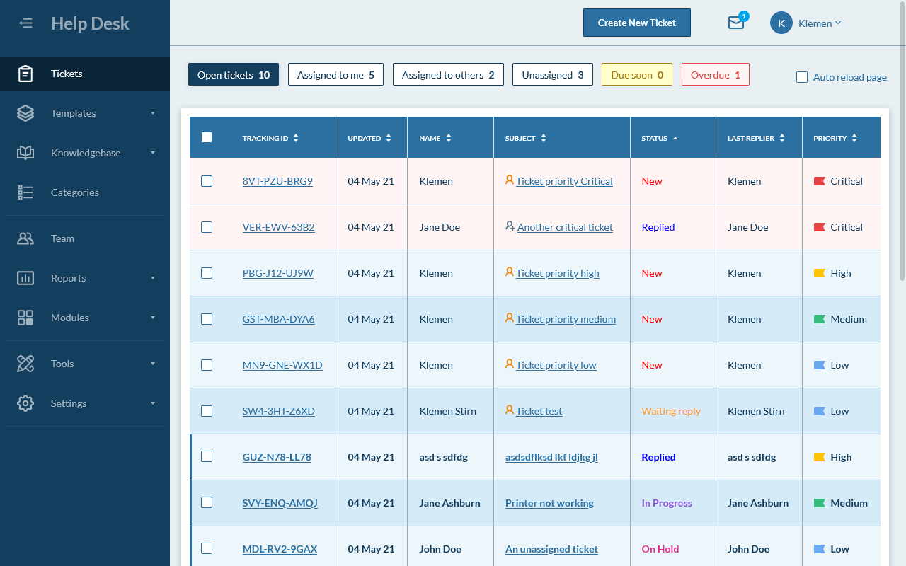 Hesk free self-hosted help desk - ticket list in the admin panel