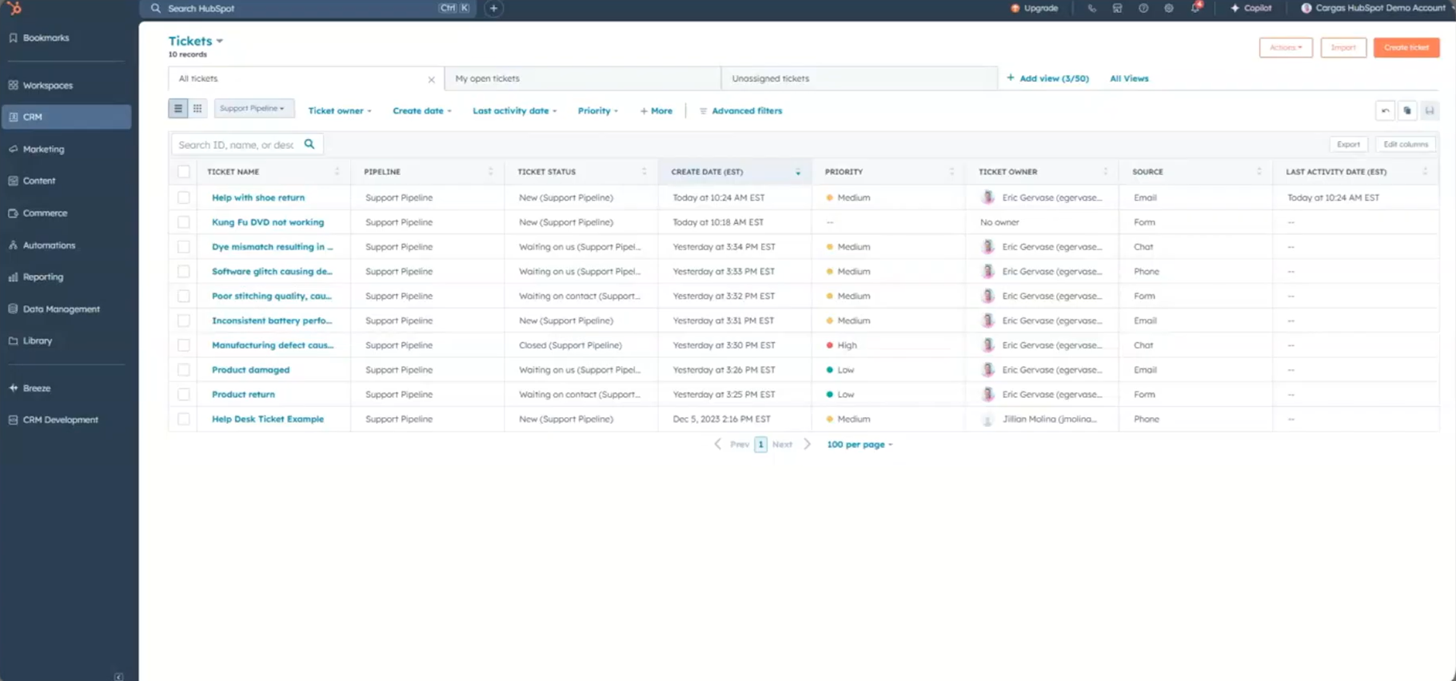 HubSpot Service Hub help desk with ticket pipeline and CRM record