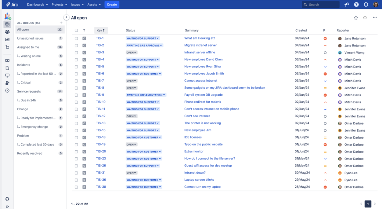 Jira Service Management ticket queue view with status types
