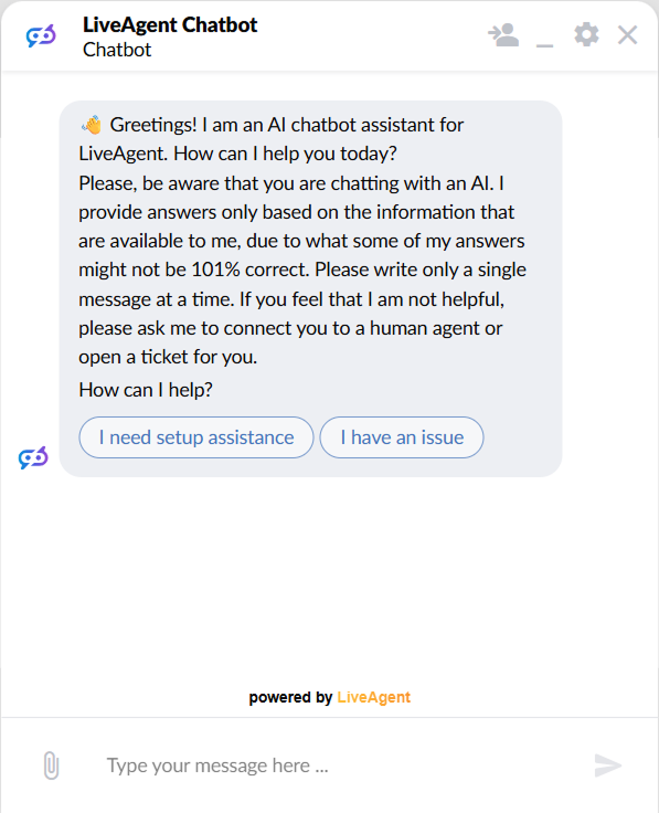 LiveAgent chat window showing an AI chatbot greeting with two tappable answer buttons for setup help and reporting an issue