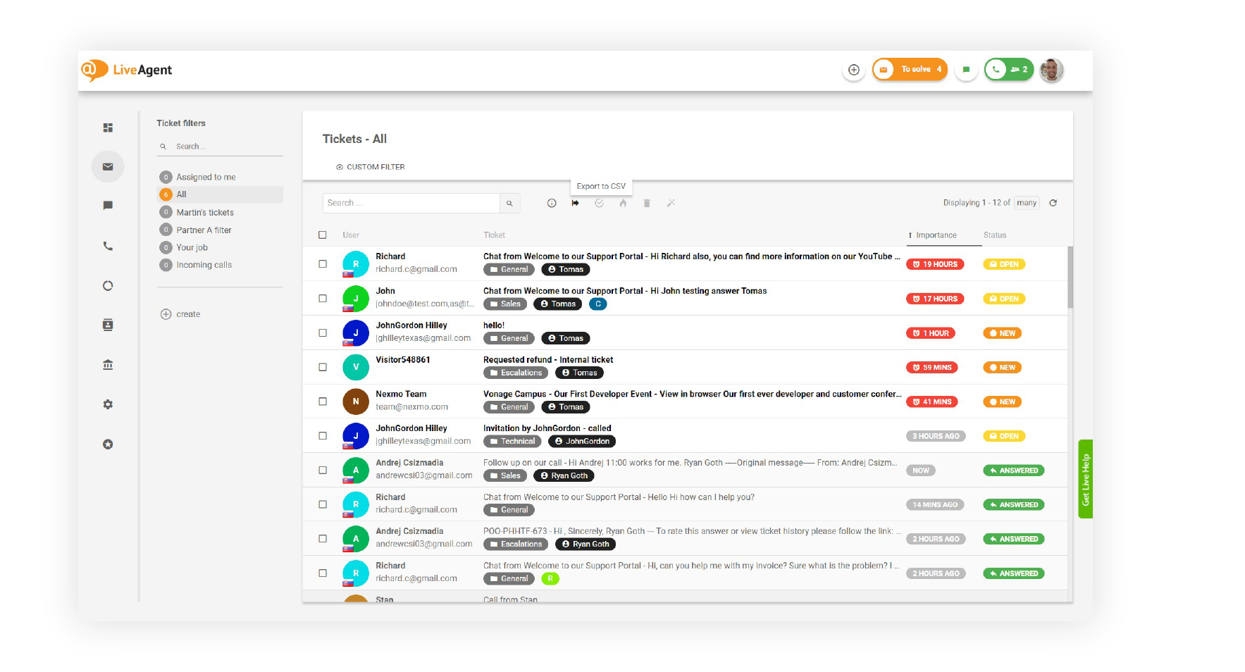 LiveAgent universal inbox with email, chat and call tickets in one queue