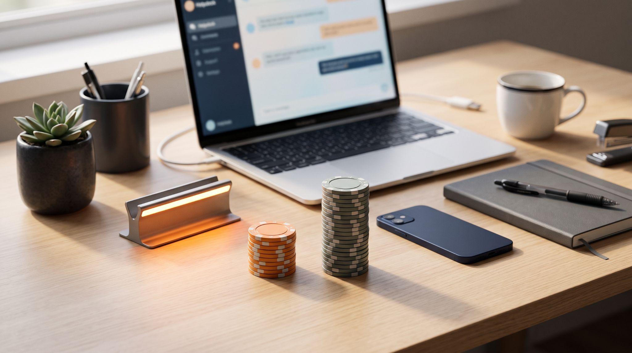 Desk setup with a laptop showing a help desk chat interface, next to stacked orange and gray poker chips representing LiveAgent and Zendesk cost