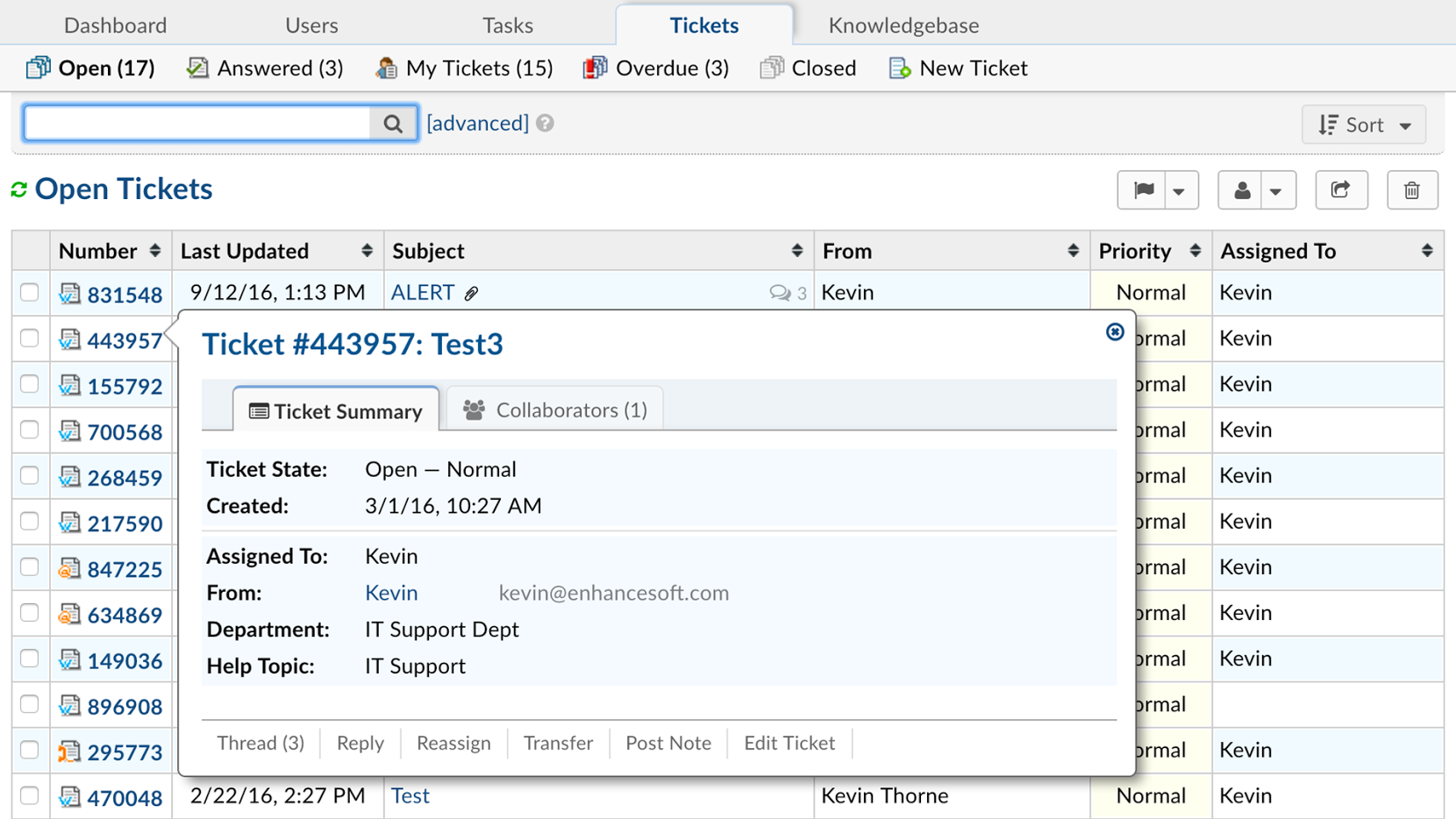 osTicket agent panel showing ticket queue and ticket overview
