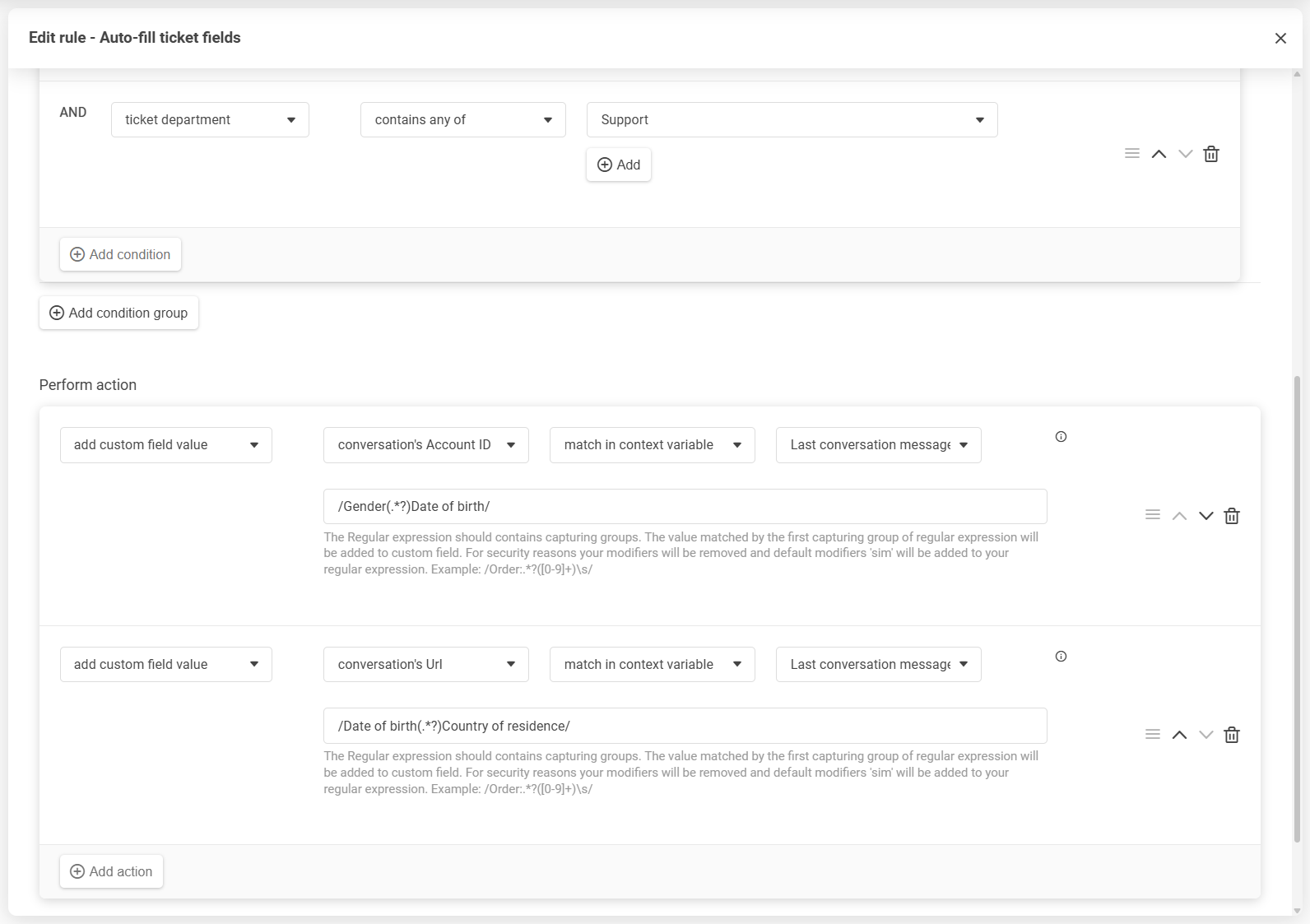 LiveAgent rule editor with drag-and-drop reordering of conditions and actions
