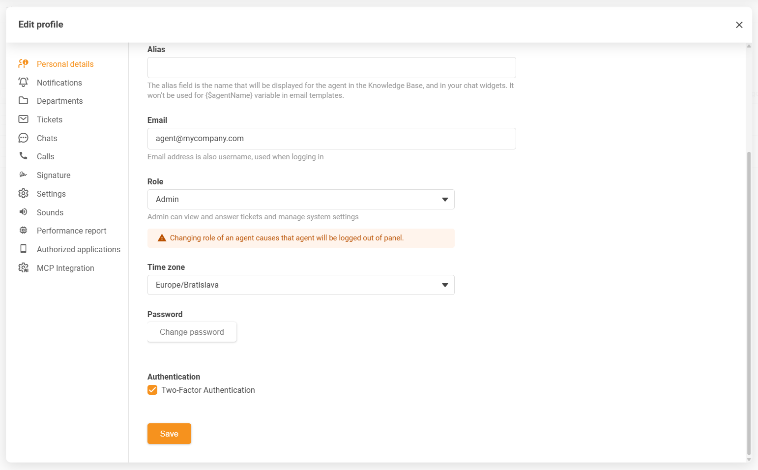 LiveAgent agent profile time zone settings