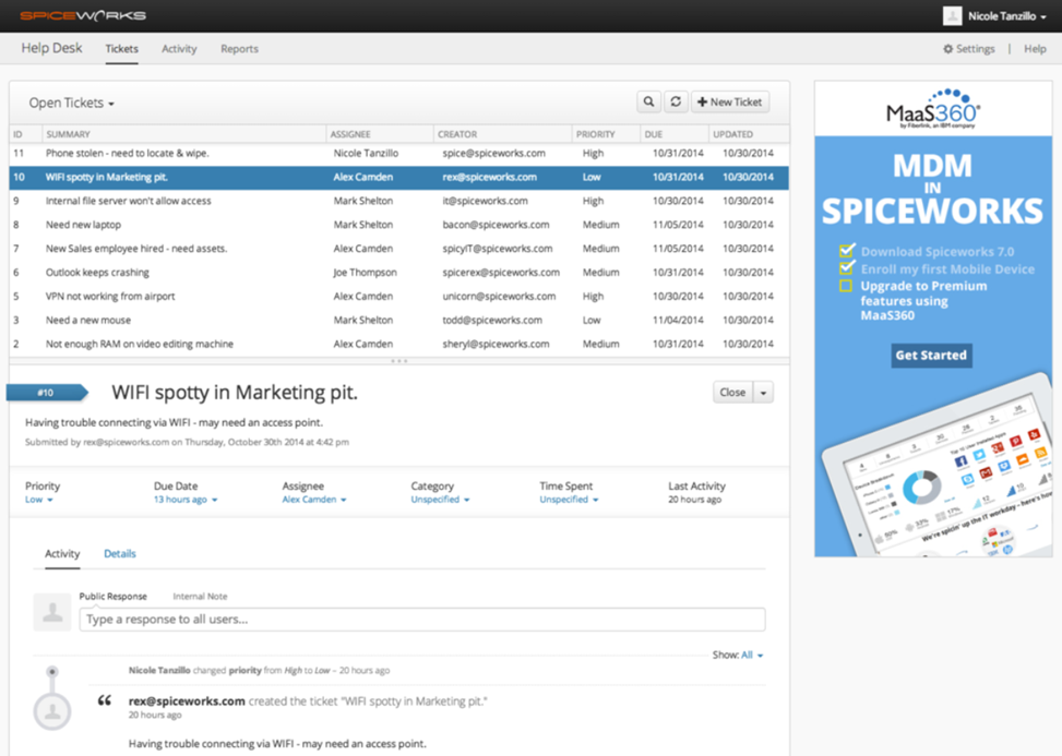 Spiceworks Cloud Help Desk ticket list with user portal submissions