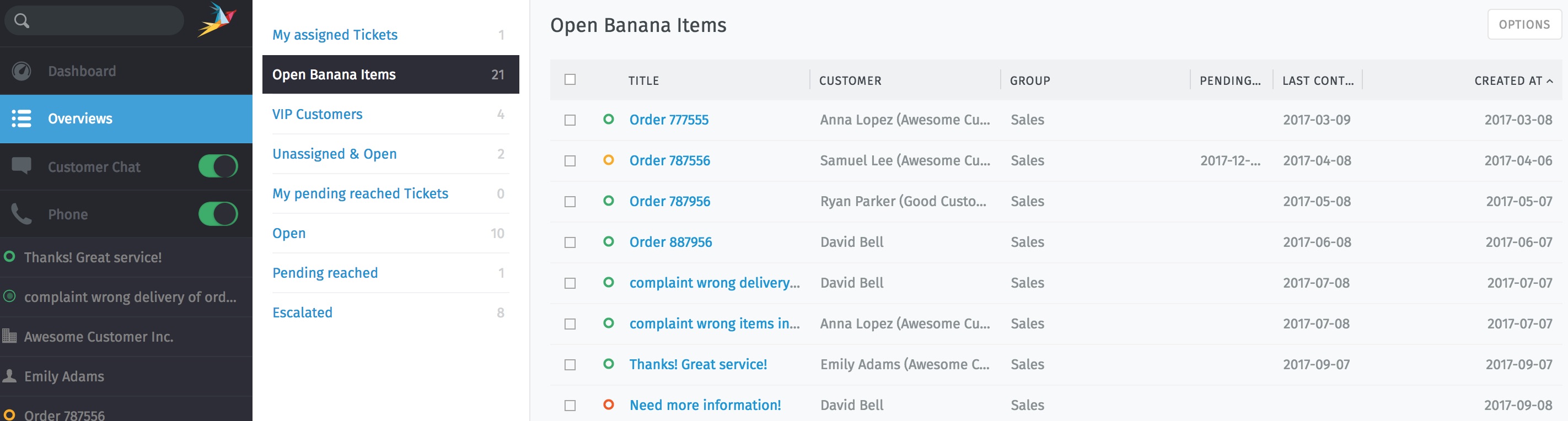 Zammad ticket overview - browsing open tickets in the self-hosted help desk