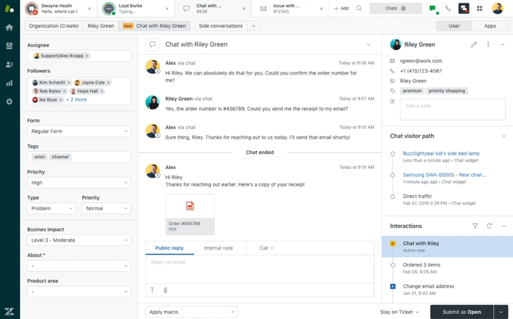 Zendesk agent workspace showing a ticket conversation with customer details