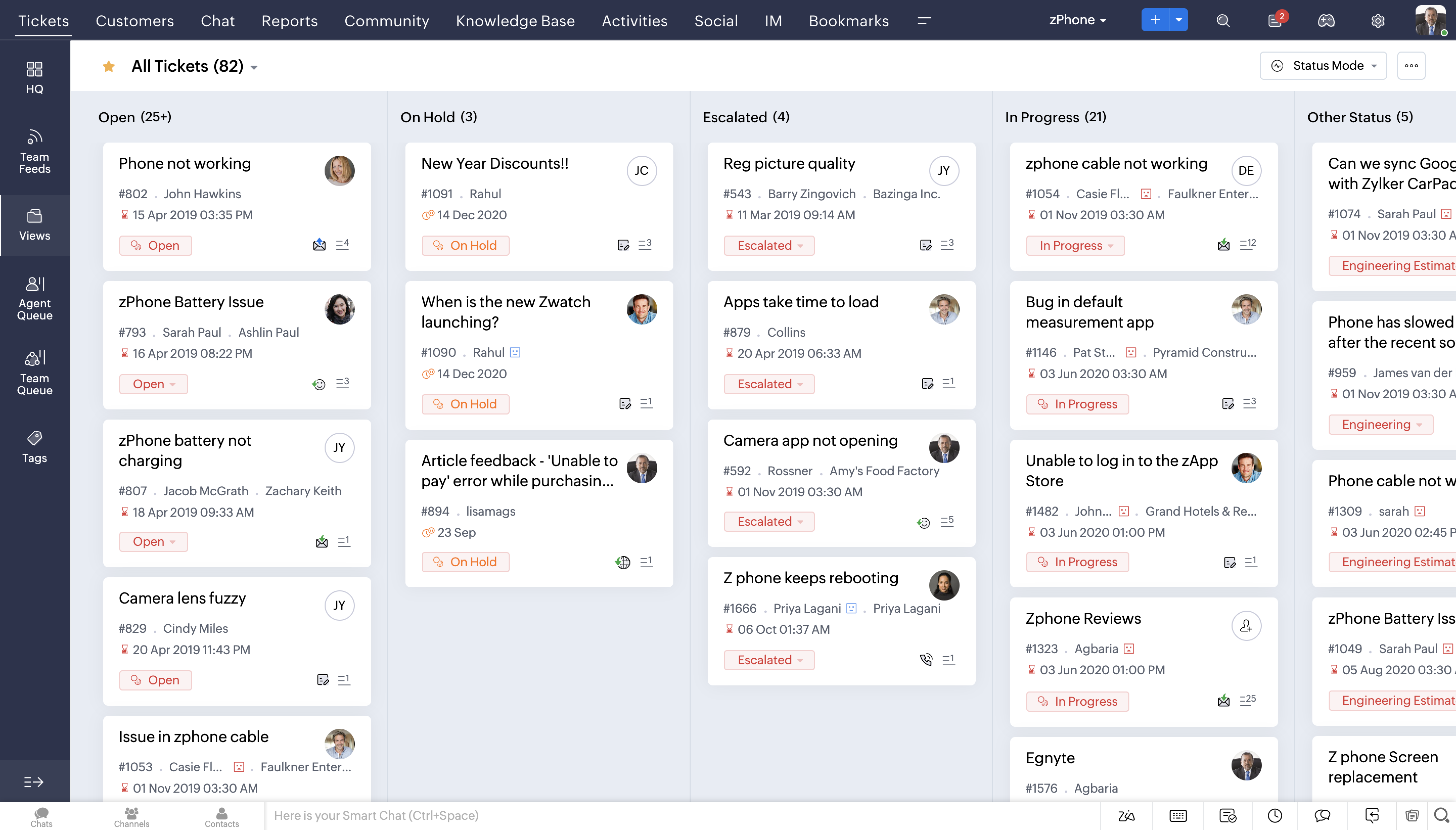 Zoho Desk agent view with overhauled ticket queue view