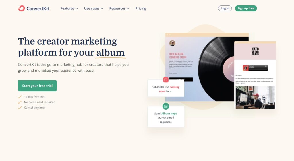 Домашняя страница ConvertKit, программное обеспечение для управления электронной почтой для создателей