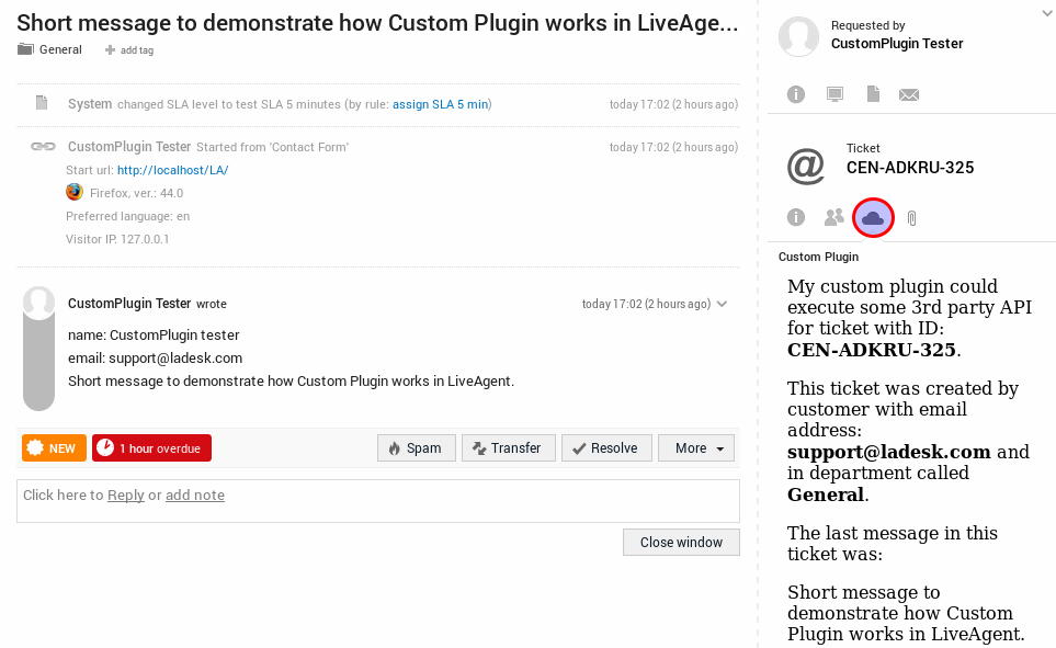 LiveAgent ticket with external customer information displayed