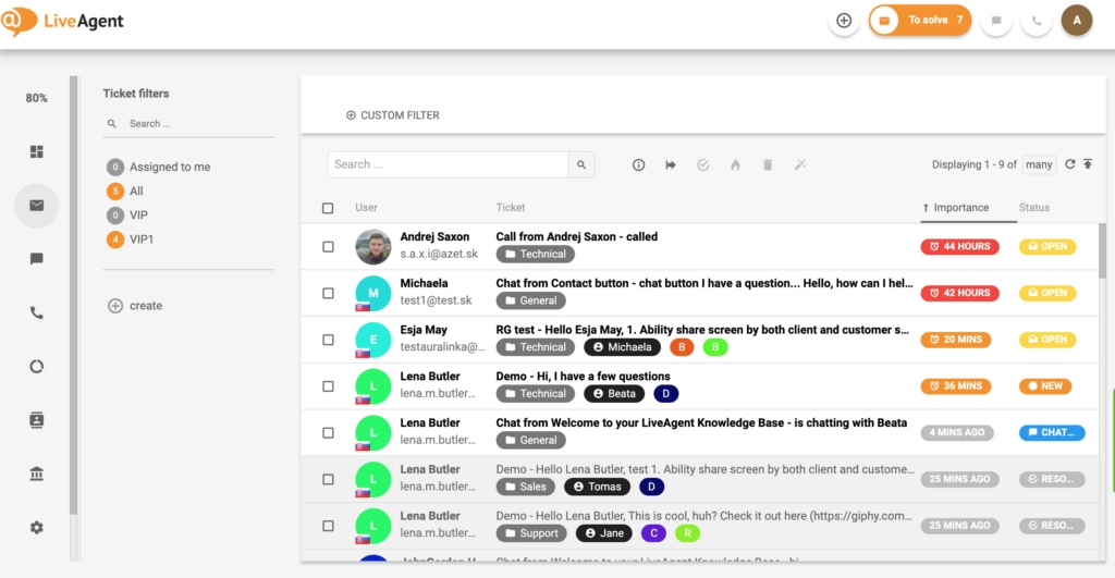 Overview of the ticketing interface in LiveAgent.