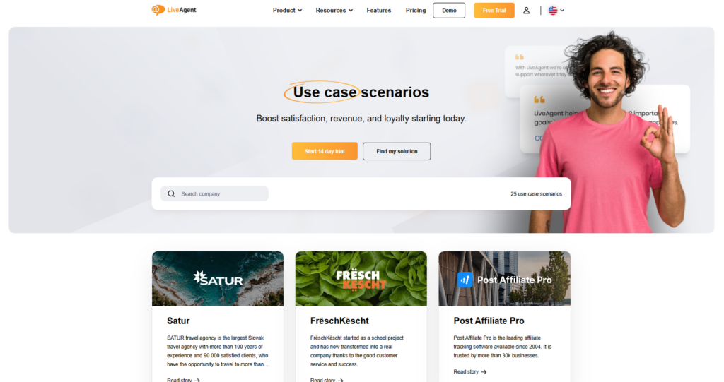 Screenshot of LiveAgent's website where they share their customers success stories