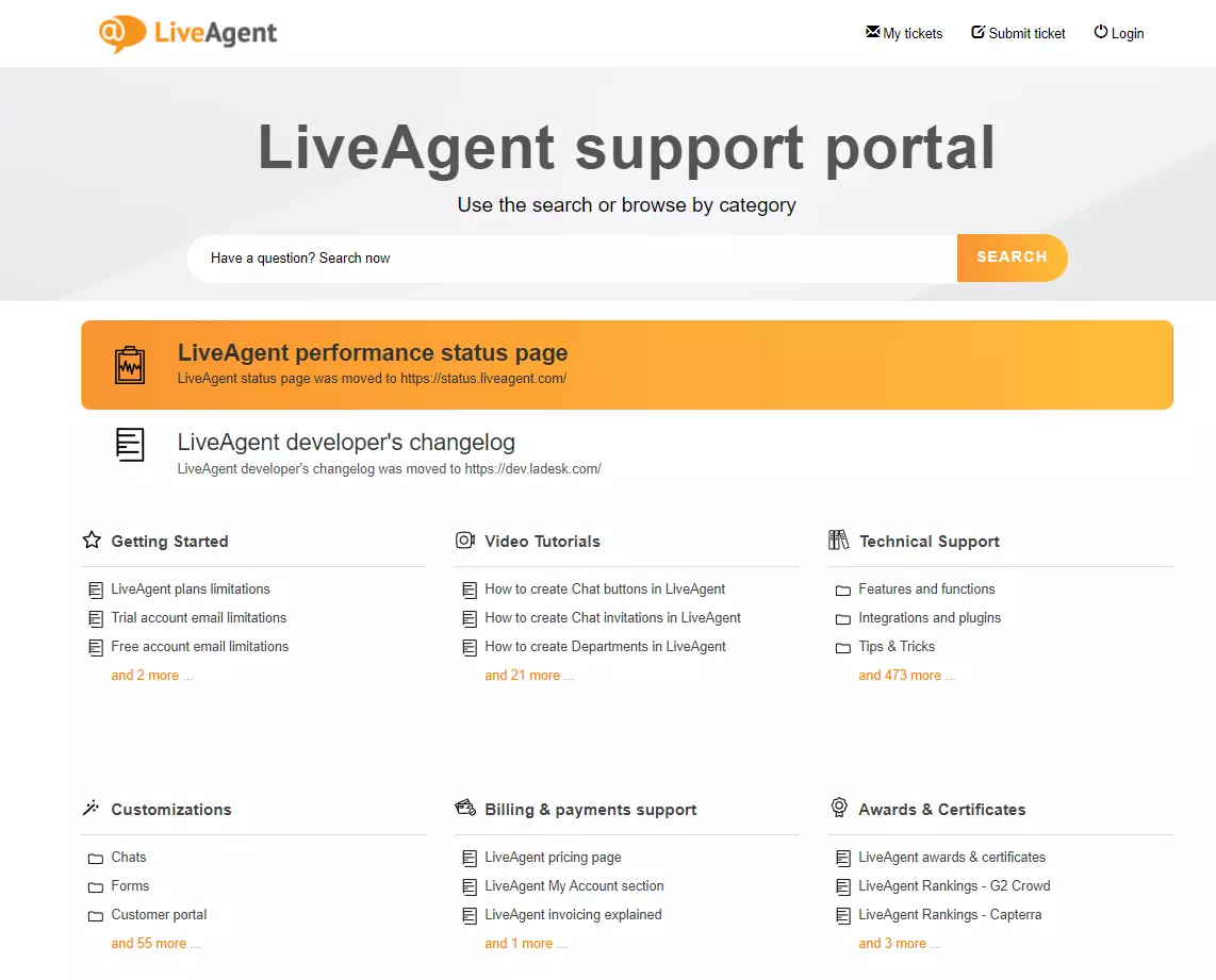 LiveAgent's external knowledge base, displaying multiple categories and a search function