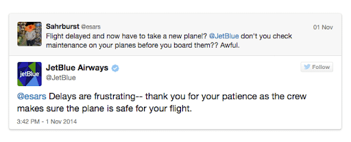 JetBlue reply to unsatisfied customer tweet on Twitter