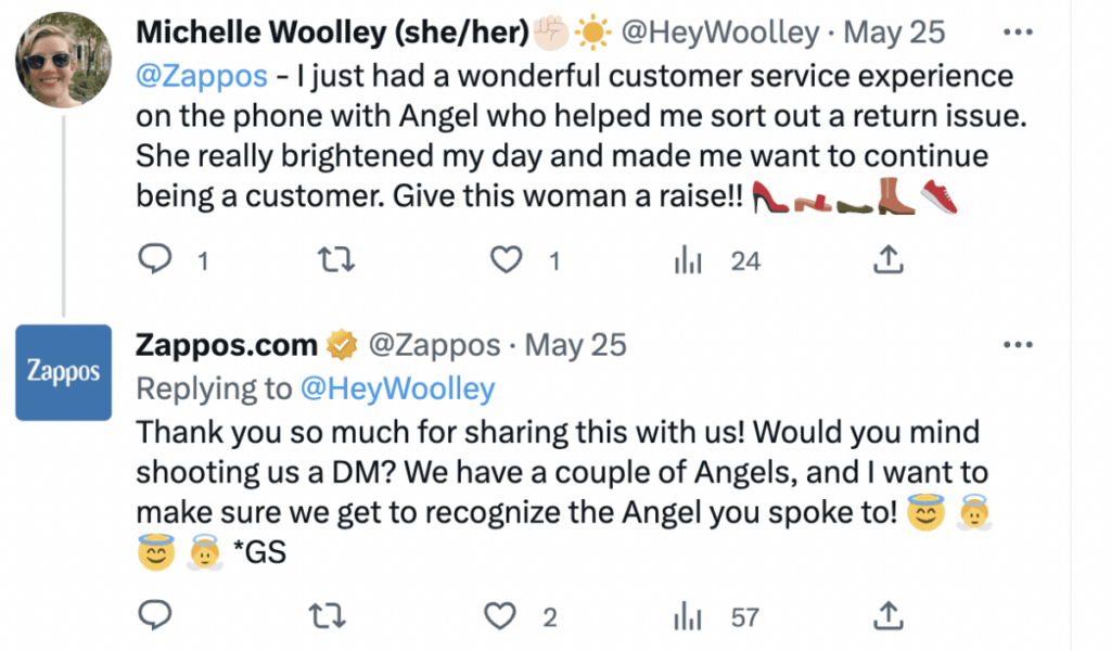 Screenshot of Twitter communication between Zappos and their customer