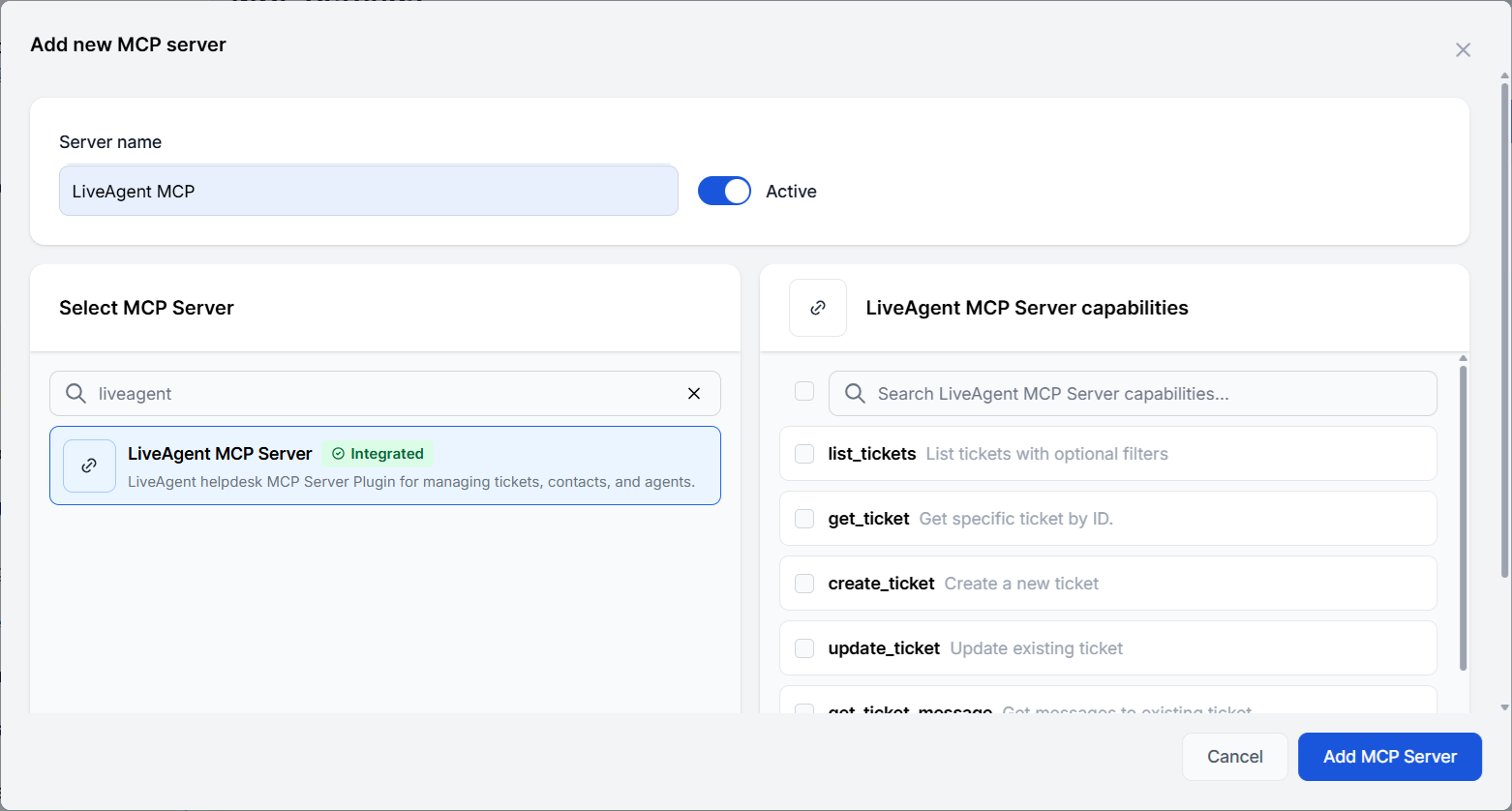 A new MCP server Liveagent was added to FlowHunt
