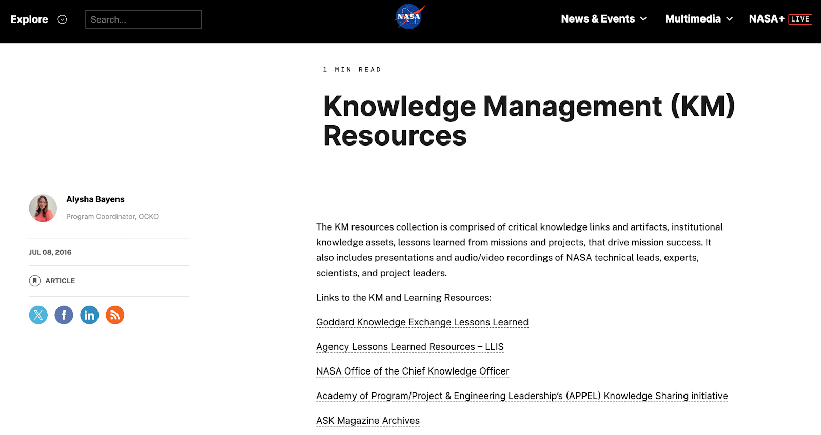 A screenshot of NASA's knowledge management resources