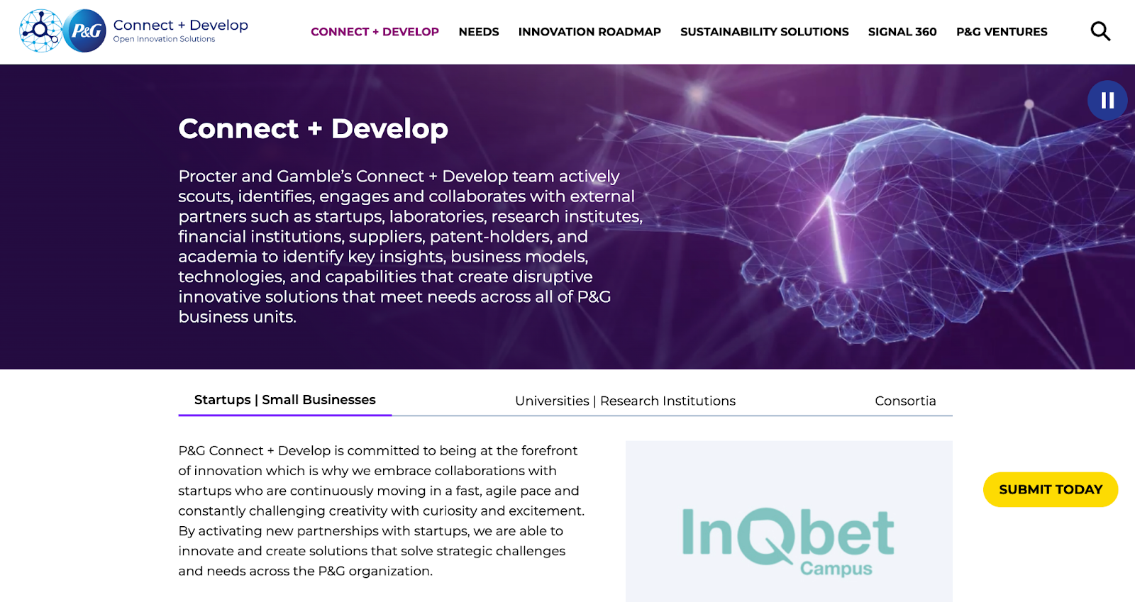 A screenshot of Procter & Gamble's Connect + Develop program