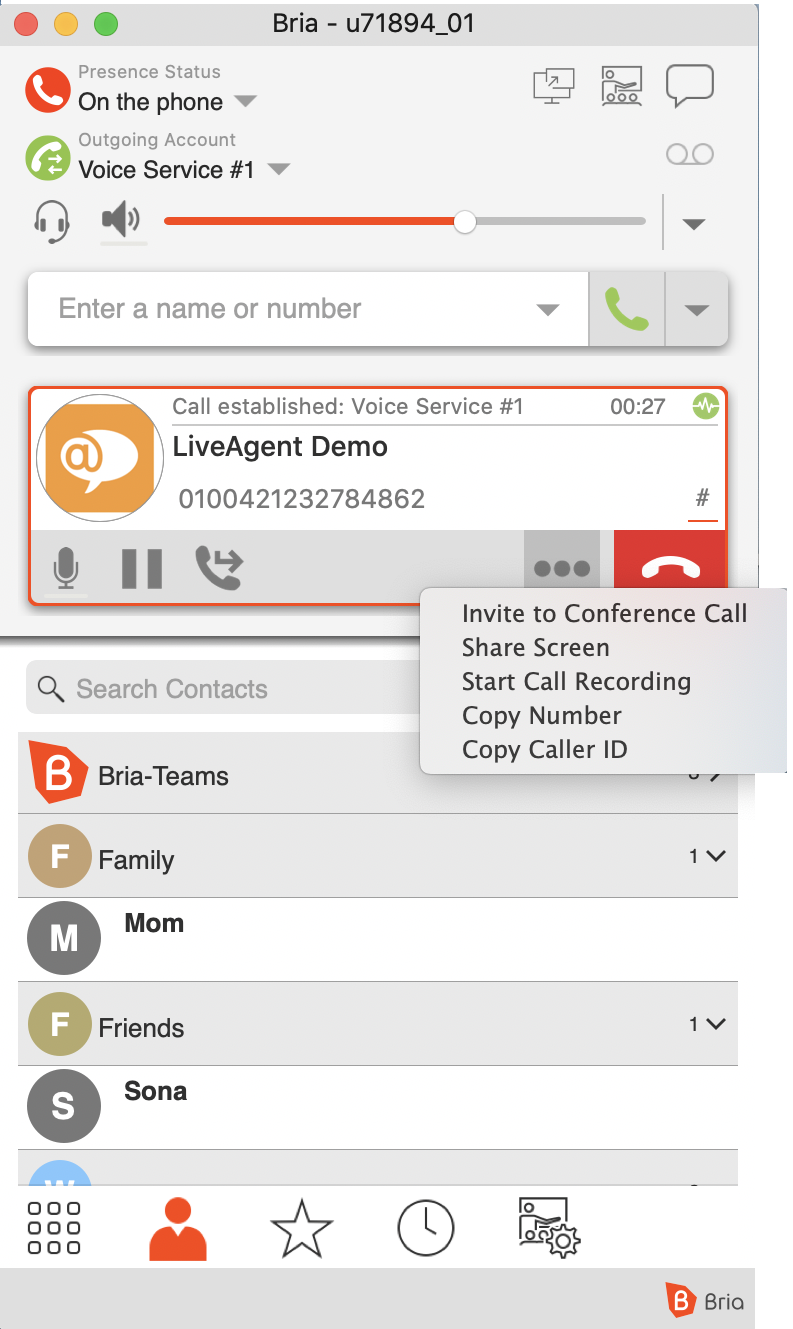 Bria softphone call interface
