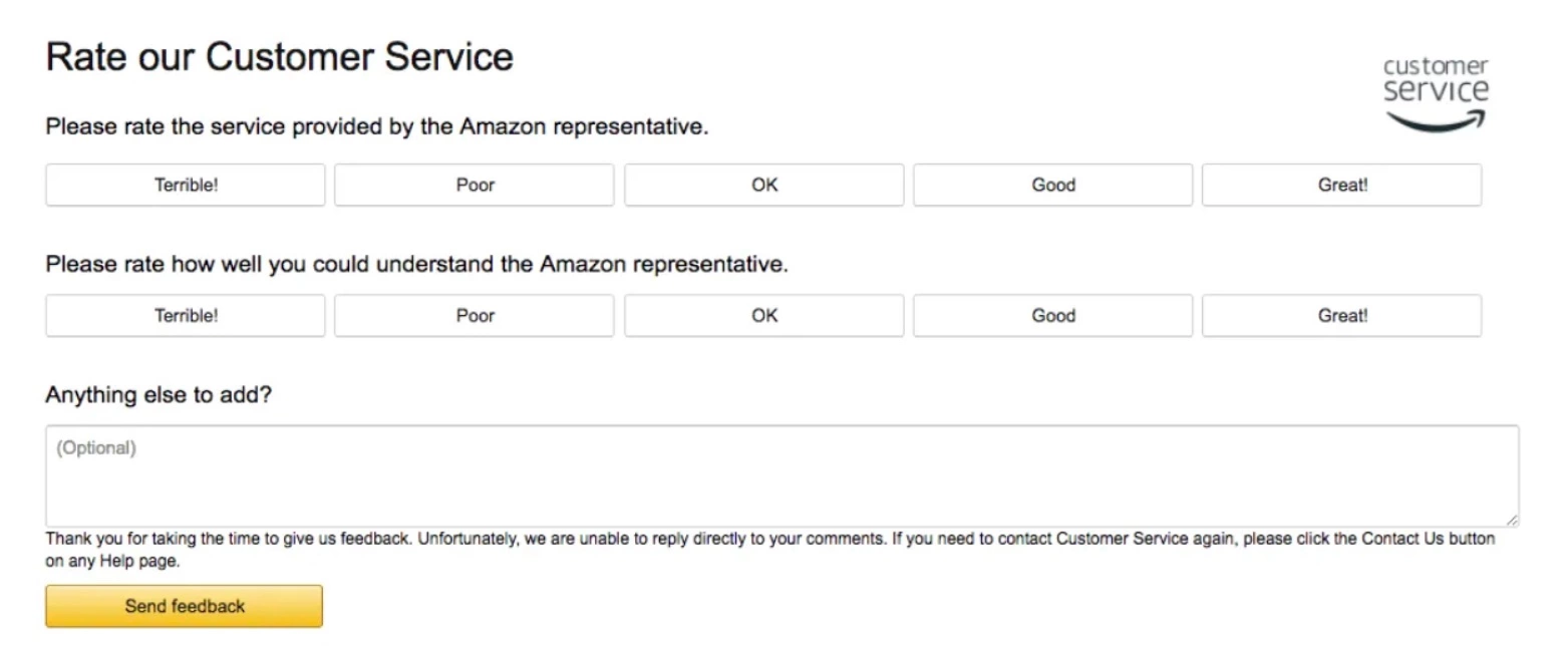 Amazon's CSAT survey asking customers to rate their experience with Amazon representatives