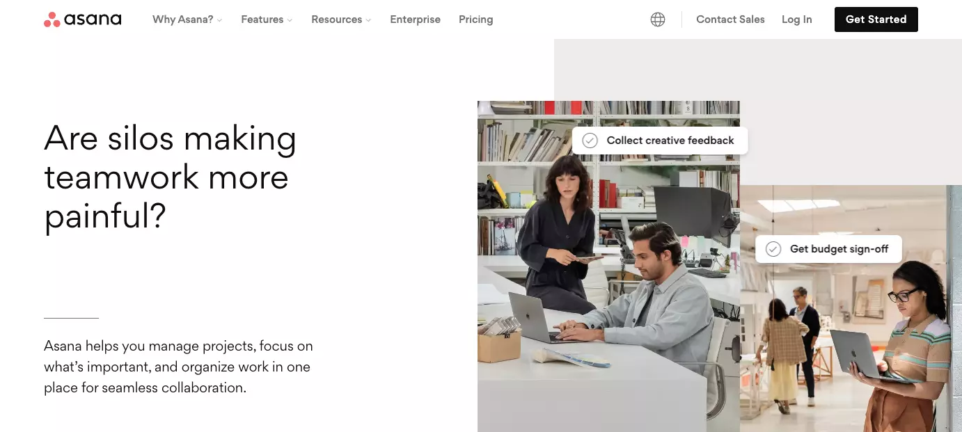 Asana's home page - improve efficiency in your organization by improving team collaboration, organizing work, and maintaining transparency.