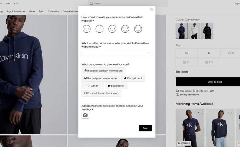 The pop-up survey on Calvin Klein's website aims to gather information about the browsing experience on their site
