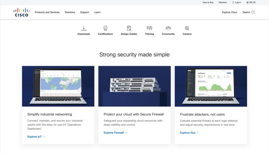 Image of Cisco's home page - platform that provides a variety of software products for businesses