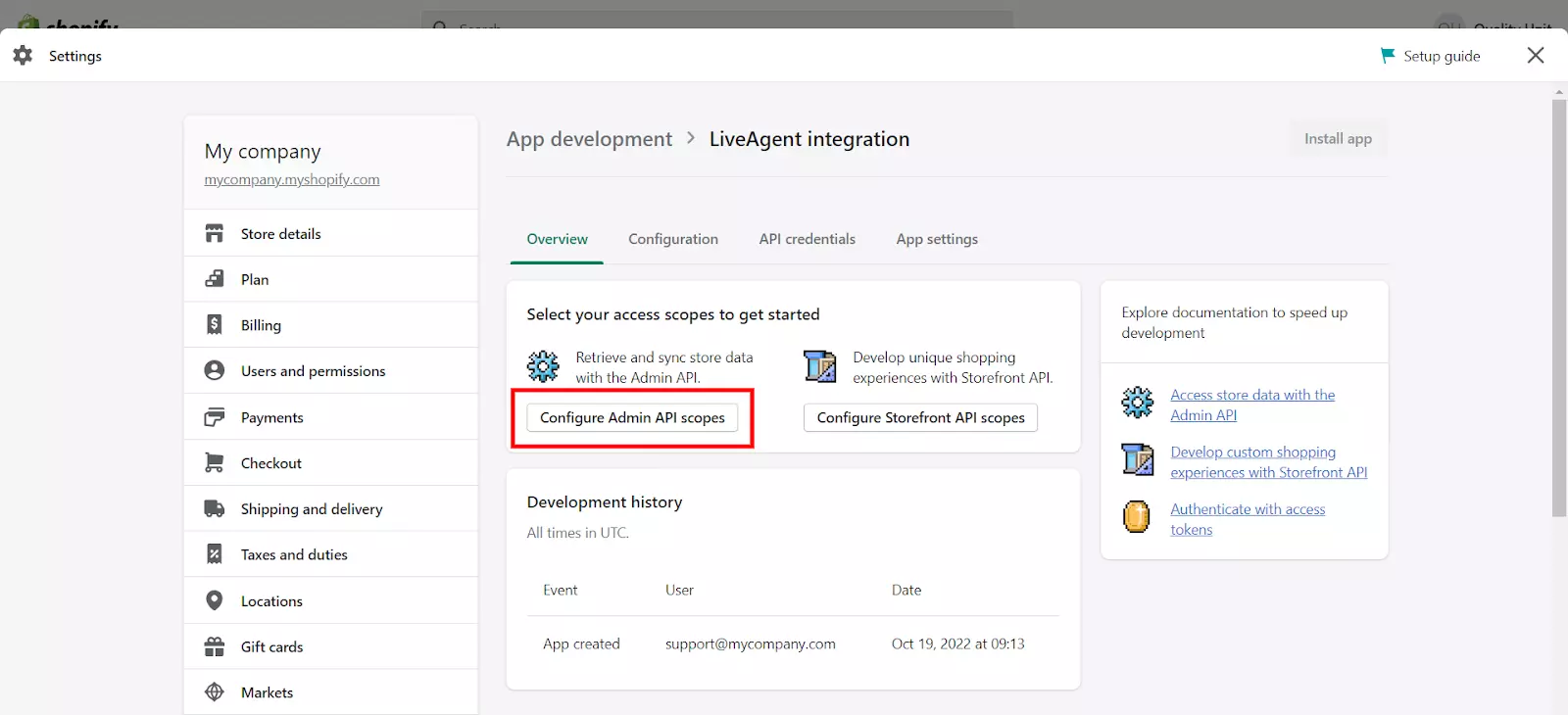 Configuring admin API scopes for the LiveAgent integration with Shopify
