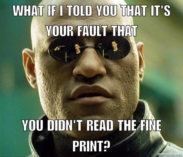 Customer service meme about fine print