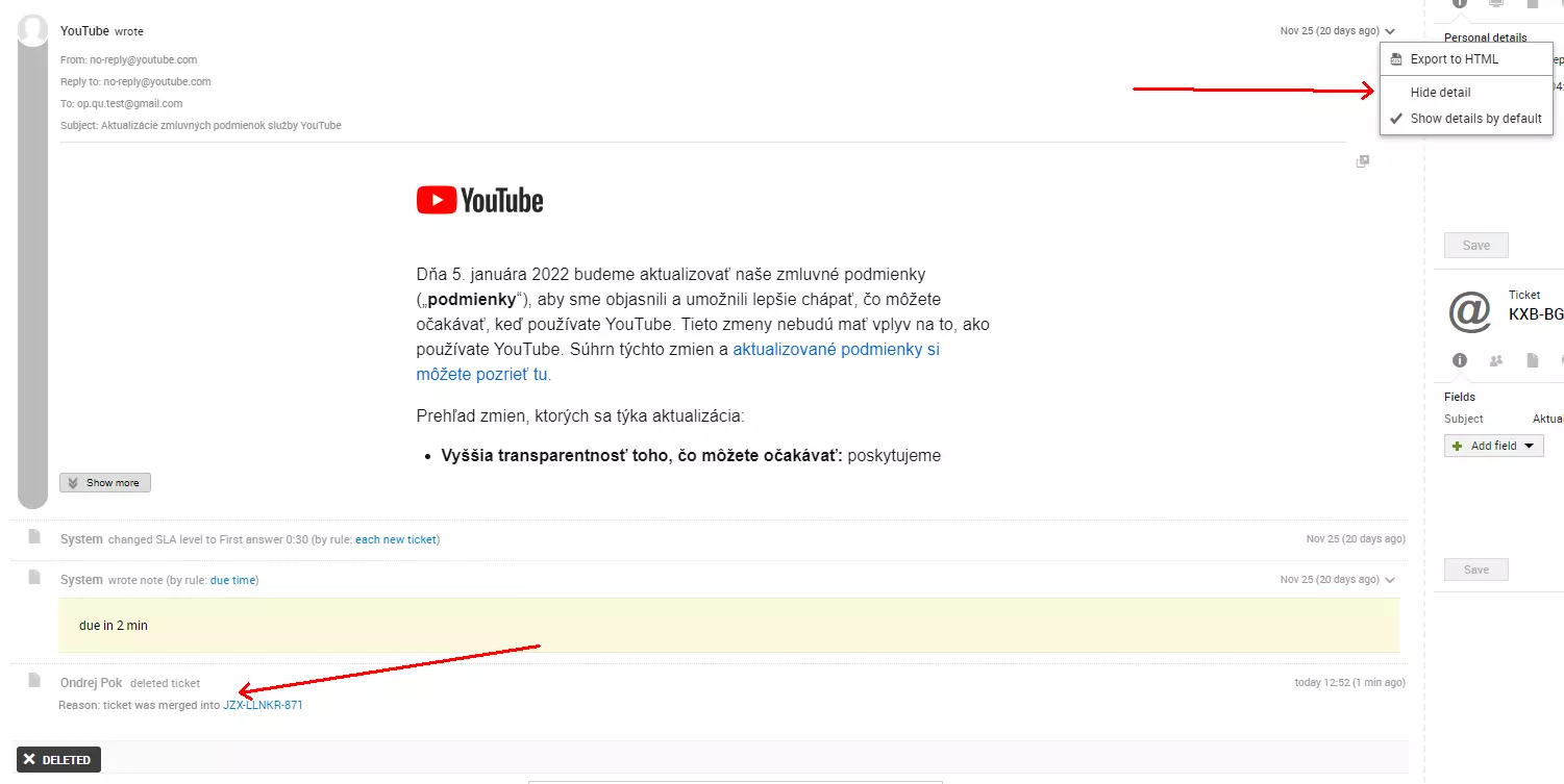 A picture showing an email source error after merging two tickets, a problem present in previous versions of LiveAgent