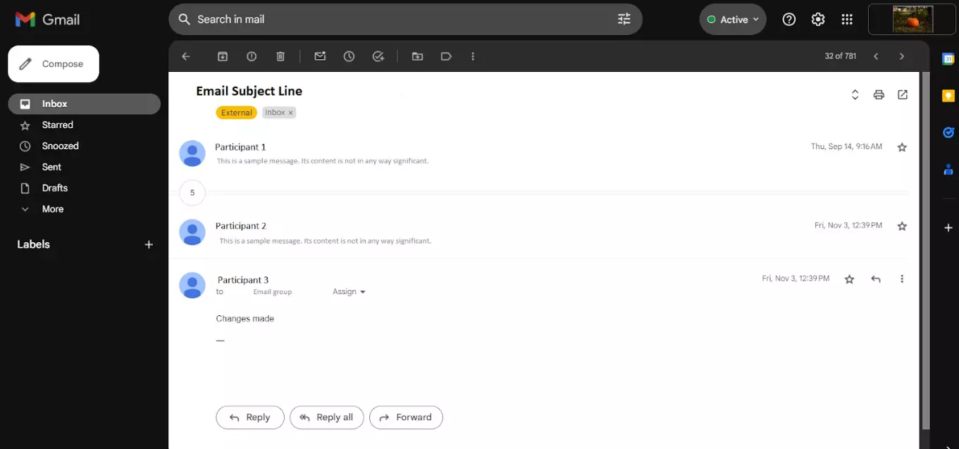 An example of an email thread between multiple participants over a period of time