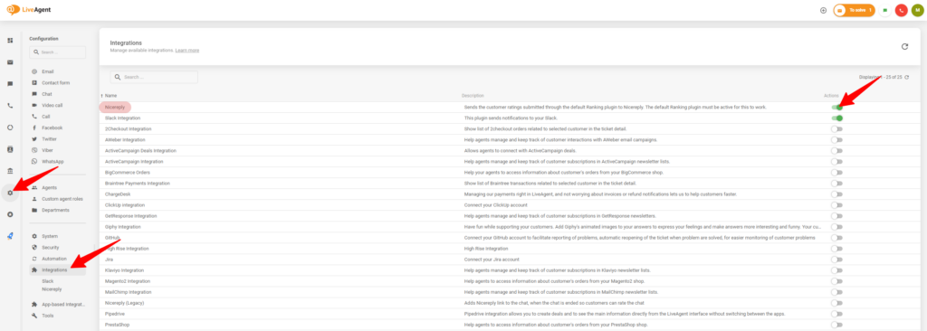 The process of enabling the integration with Nicereply in the LiveAgent settings