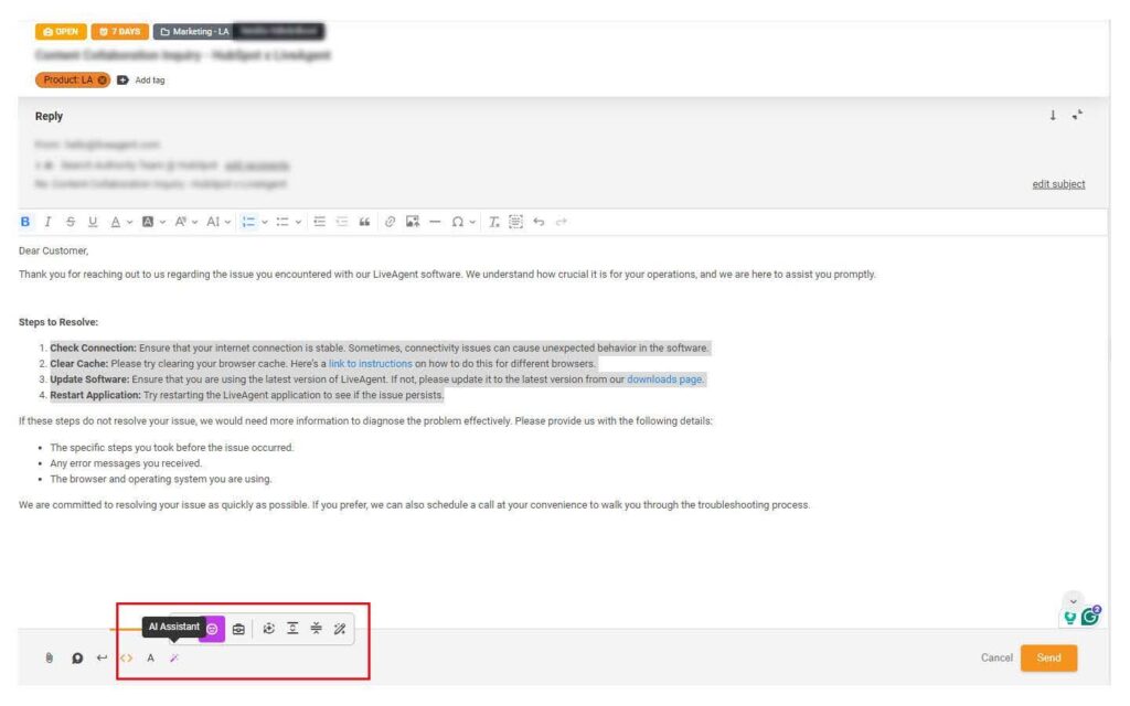 LiveAgent's AI answer assistant