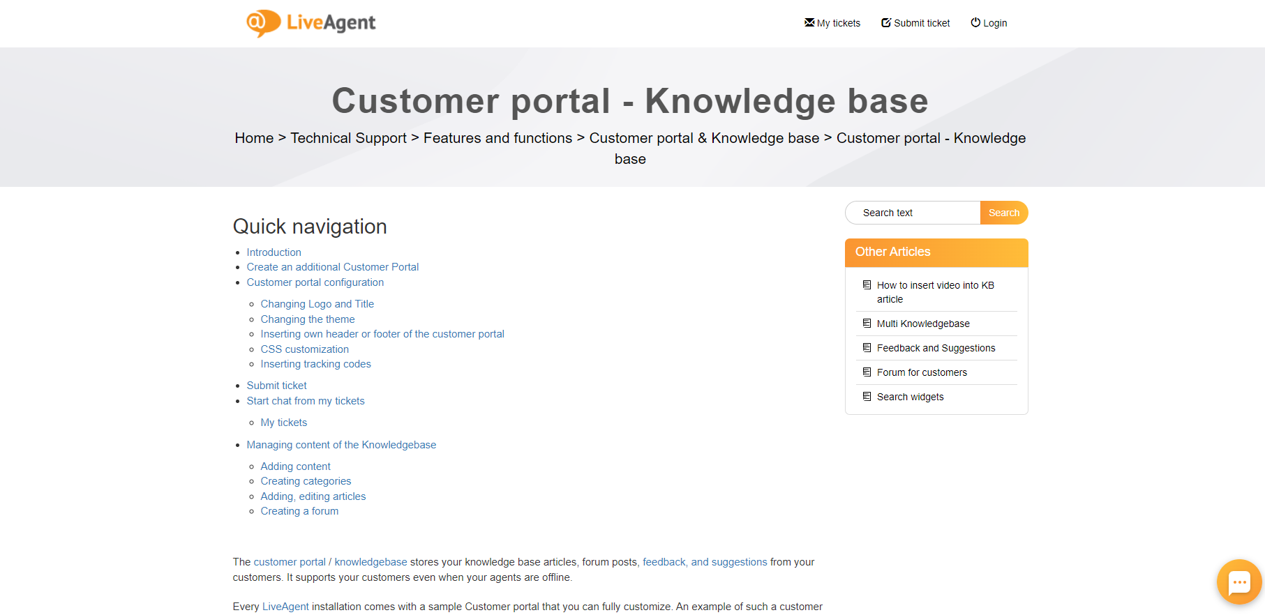 LiveAgent's customer portal and knowledge base guide showing self-service resources