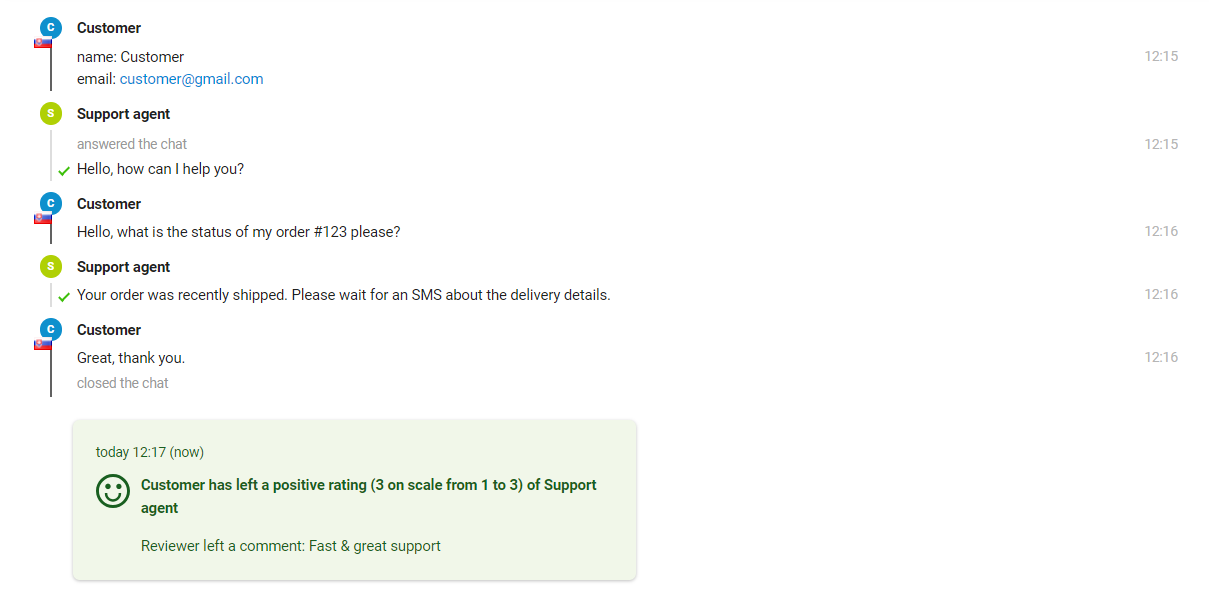 The image shows the interaction between a customer and a support agent, where the agent can see the rating at the end of the message