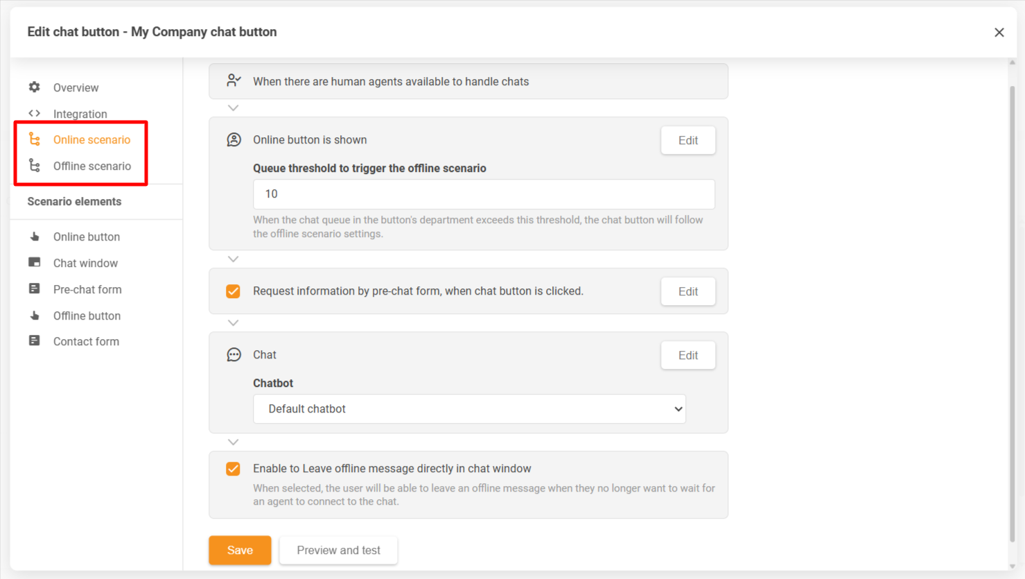 LiveAgent chat button configuration window showing online and offline scenarios
