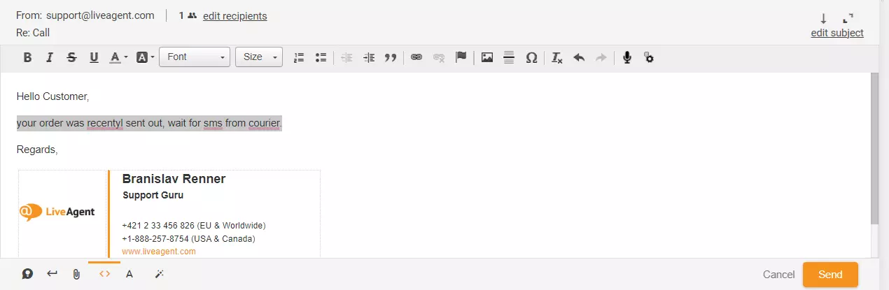 Picture showing highlighted reply to ticket in LiveAgent