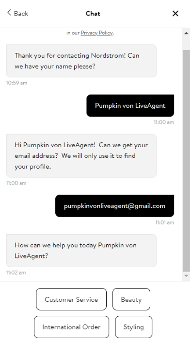Nordstrom chatbot feature