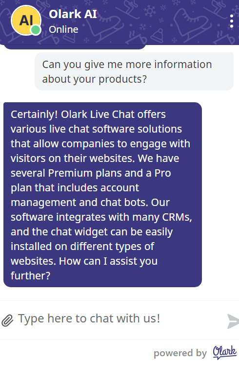 Image shows how the live chat looks like with Olark