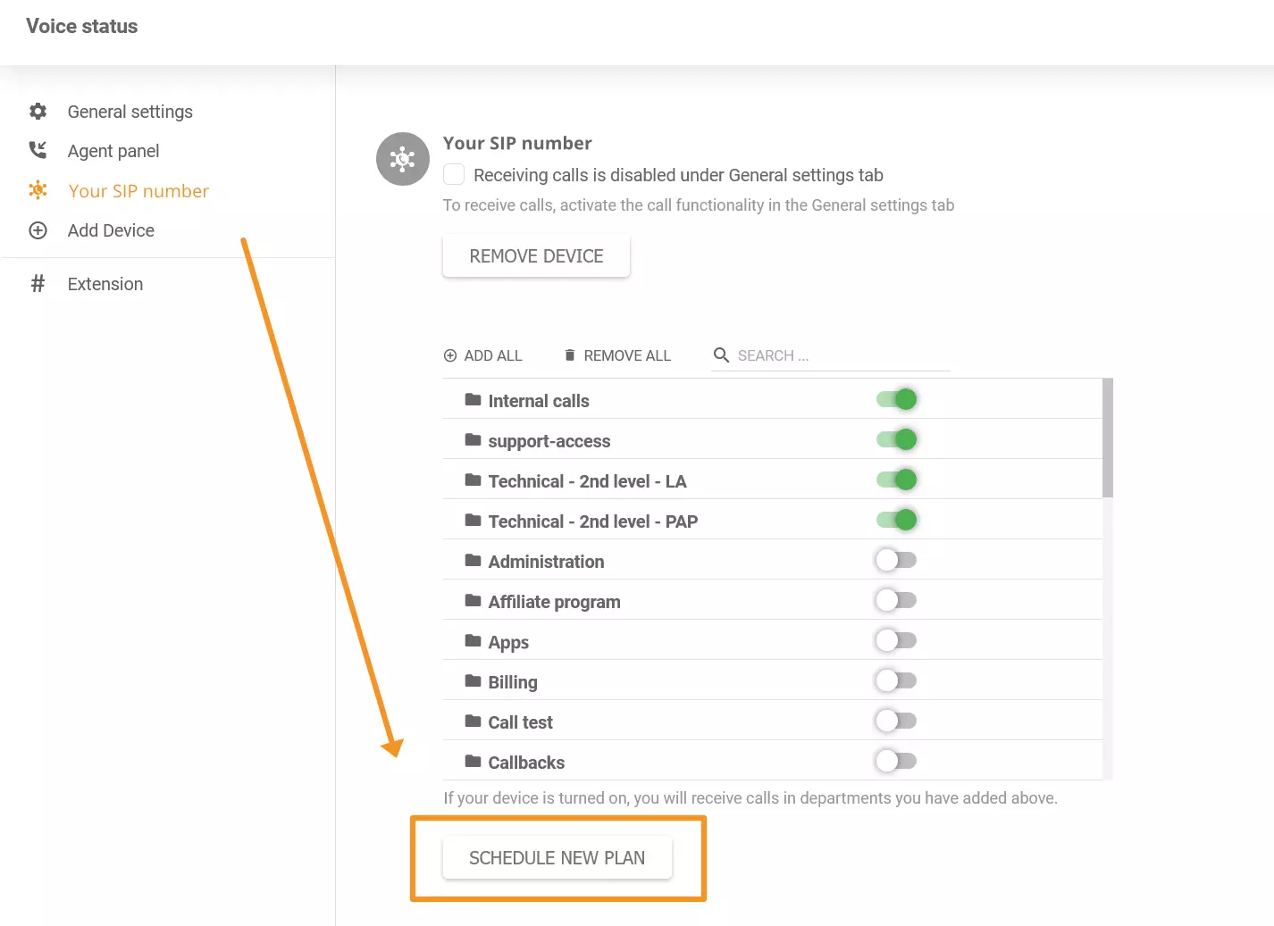 A picture showing where to find the new phone scheduler feature in LiveAgent