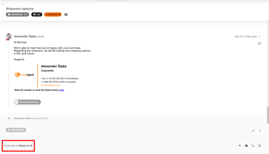 A picture showing a change in Reply and Reply to all button location changes in the LiveAgent system
