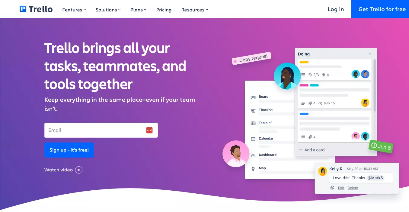 Trello's home page - keep your work organized and track individual tasks from one platform.
