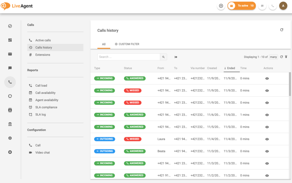 Call center management - call history